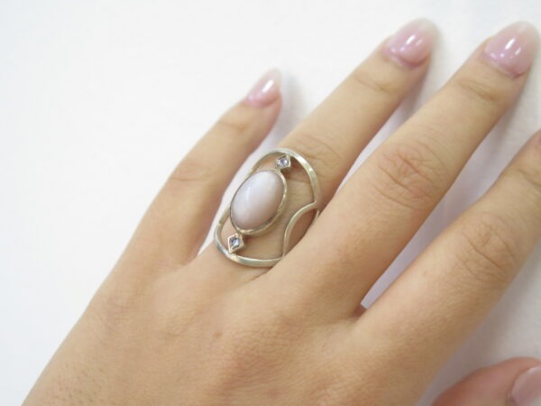 bague en Argent, Pierre de lune rose et Tanzanites
