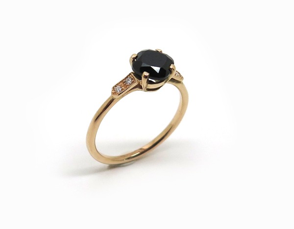 Solitaire Pierre Noire Or Rose Spinelle Et Diamants Solitaire Pierre Noire Or Rose Spinelle Et Diamants
