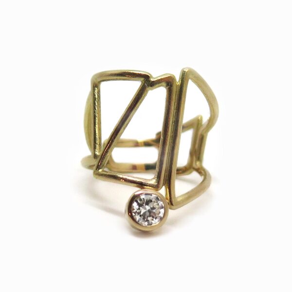 Bague architecturale créée sur mesure en or jaune 18 carats et diamant