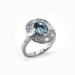 Bague à entourage Platine, Aigue marine et diamants