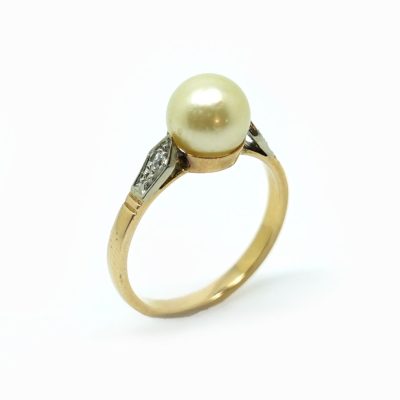 Bague en Or jaune, Perle de culture et en Diamants