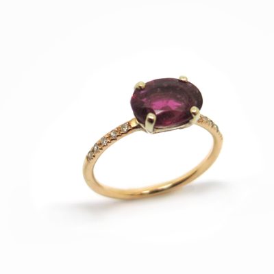 solitaire tourmaline rose et diamants sur or rose
