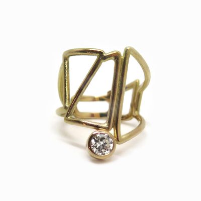 Bague architecturale créée sur mesure en or jaune 18 carats et diamant